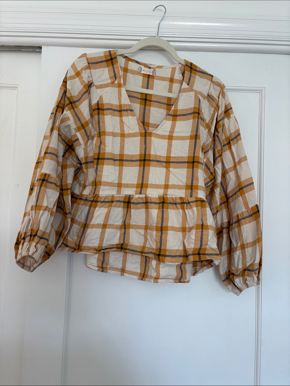 Altar'd State Mustard & Cream Plaid Peplum V-Neck Blouse